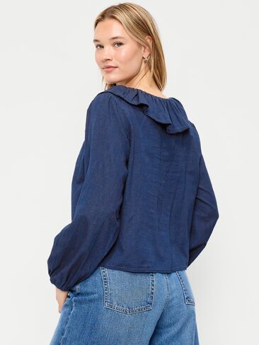 Old Navy Long-Sleeve Ruffle Tie-Neck Top - Medium Wash in Kuwait