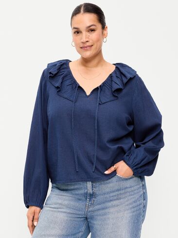 Old Navy Long-Sleeve Ruffle Tie-Neck Top - Medium Wash in Kuwait