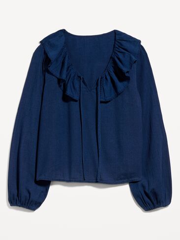 Old Navy Long-Sleeve Ruffle Tie-Neck Top - Medium Wash in Kuwait