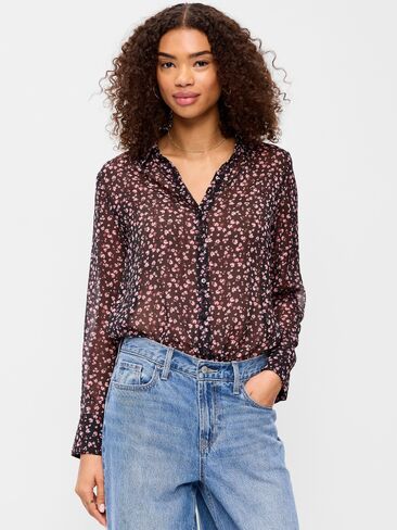 بلوزة Old Navy Airy بأكمام طويلة وأزرار سفلية - زهور وردية in Kuwait