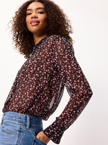 بلوزة Old Navy Airy بأكمام طويلة وأزرار سفلية - زهور وردية in Kuwait