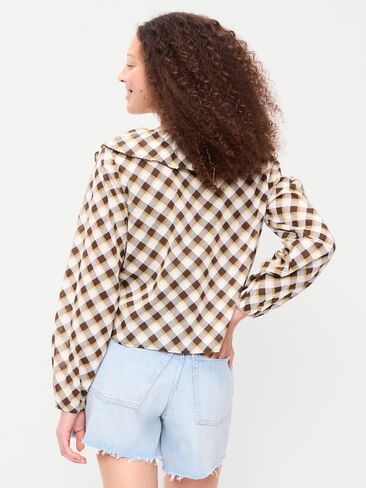Old Navy Long-Sleeve Ruffle Tie-Neck Top - Brown Plaid in Kuwait