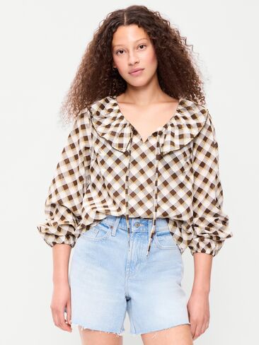 Old Navy Long-Sleeve Ruffle Tie-Neck Top - Brown Plaid in Kuwait