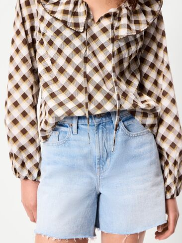 Old Navy Long-Sleeve Ruffle Tie-Neck Top - Brown Plaid in Kuwait
