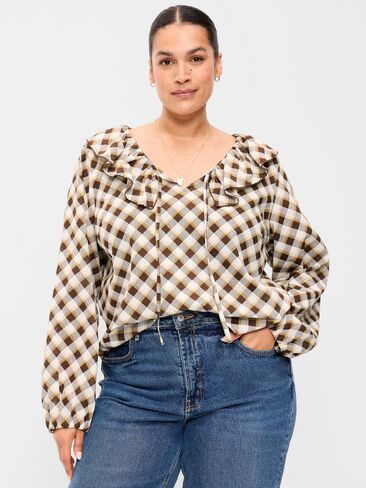 Old Navy Long-Sleeve Ruffle Tie-Neck Top - Brown Plaid in Kuwait