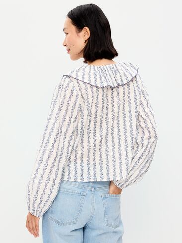 قميص Old Navy بأكمام طويلة وربطة عنق مكشكشة - زهور بيضاء/زرقاء in Kuwait