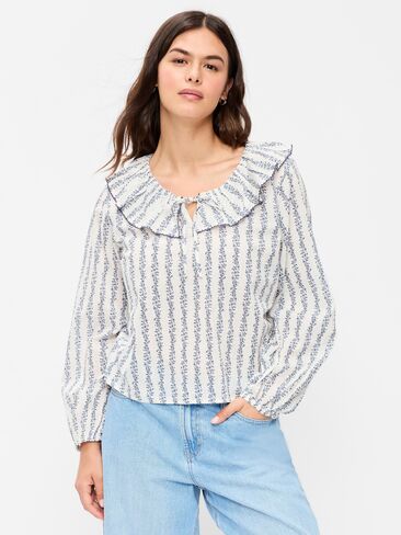 قميص Old Navy بأكمام طويلة وربطة عنق مكشكشة - زهور بيضاء/زرقاء in Kuwait