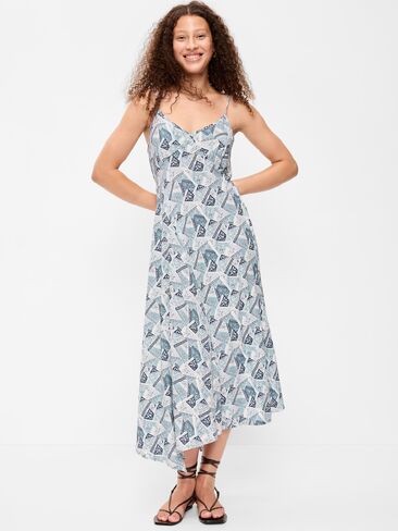 Old Navy Fit & Flare Tie-Back Asymmetrical Midi Dress - Patchwork (Multi Blue) in Kuwait