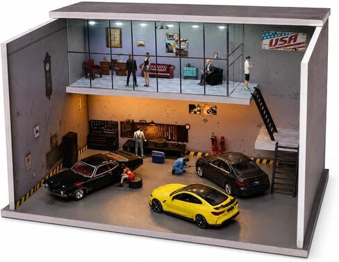 Diorama 1/64 Car Display Case Garage Repair Shop Model Fits for Hot Wheels Matchbox Mini GT Diecast Cars,Dimmable LED Lighting Car Maintenance Workshop Scene Display Case Model (American Workshop) in Saudi Arabia