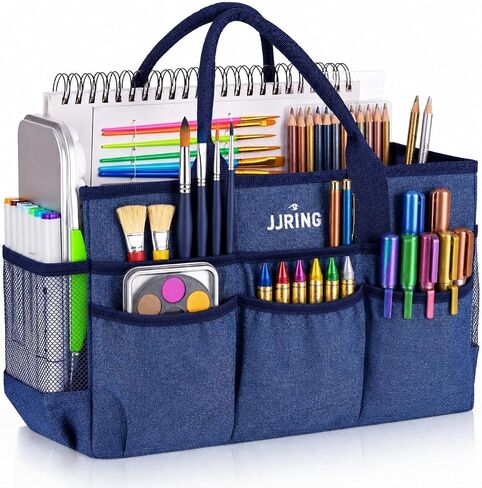 JJRING Large Art Supply Storage Tote Bag with 2 Mesh Side Pockets & Front Elastic Pockets – Sturdy Craft Organizer Caddy with Reinforced Bottom for Sewing, Scrapbooking, Teachers & Artists(Grey) | Breathable Material, Foldable in Saudi Arabia