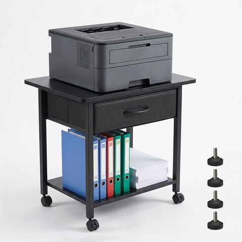 Large 22" x 15" Under Desk Printer Stand, 2-Tier Shelf Printer Table with Storage Fabric Drawer and Wheels, Rolling Cart for Home Office Fits 3D Printer, Scanner (Black) in Saudi Arabia