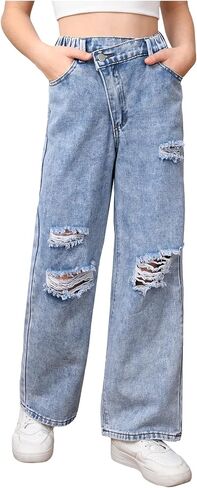 Verdusa Girl's Vintage Asymmetrical Jeans Jeans Streetwear Wide Straight Seg Denim Bants مع جيوب in Kuwait