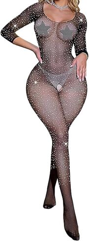 طقم الملابس الداخلية النسائية شبكة صيد السمك Bodystocking مثير الزي شبكة صيد السمك ارتداءها حجر الراين التألق قطع رومبير in Kuwait
