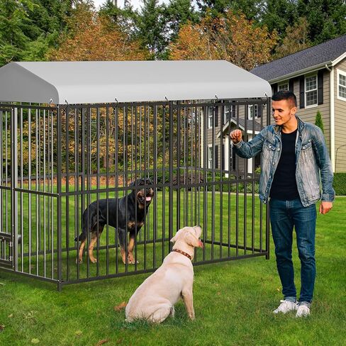 10x10x6 FT Outdoor Dog Kennel with Roof, Heavy-Duty Large Dog Cage with Lock, Waterproof Cover & Bowls, Pet Enclosure for Medium & Large Dogs in Saudi Arabia