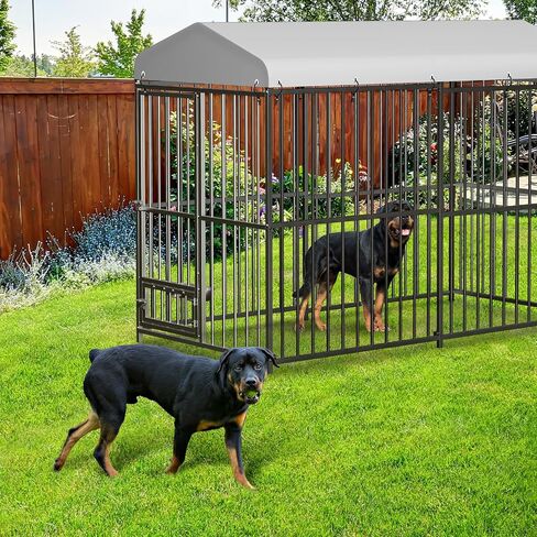 10x10x6 FT Outdoor Dog Kennel with Roof, Heavy-Duty Large Dog Cage with Lock, Waterproof Cover & Bowls, Pet Enclosure for Medium & Large Dogs in Saudi Arabia