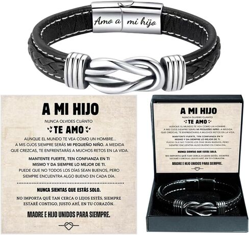 Spanish Card,TO MY SON Customize Name Braided Leather Bracelet With Gift Box, Men's Stainless Braided Leather Bracelet Bangle Wristband,Inspirational Birthday,Christmas Gifts in Kuwait