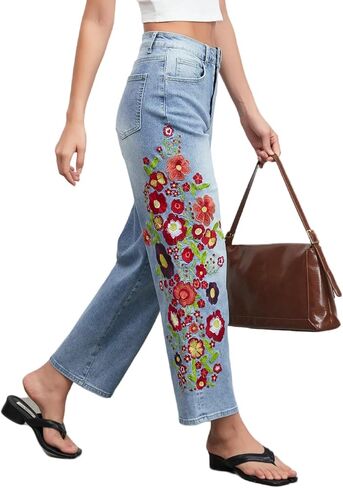 Straight Leg Cropped Jeans for Women Trendy Mid Rise Floral Print Boho Casual Denim Ankle Pants in Kuwait