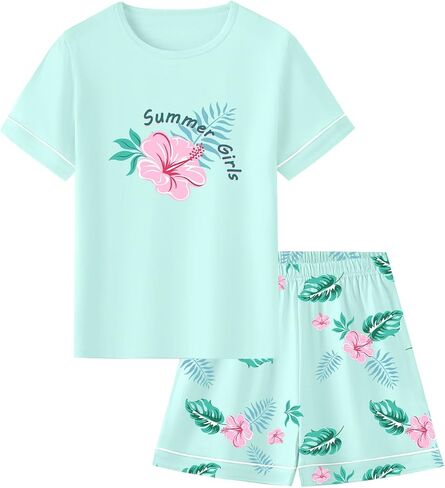 Umeyda Girls Pajama Set 100% Cotton 2 Piece Pjs Short Sleeve Sleepwear for Kids Age 5-14 Years in Saudi Arabia