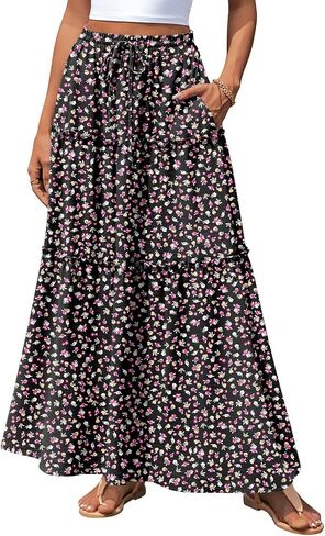POPYOUNG Long Skirts for Women Boho Maxi Skirt Summer Flowy High Waisted Casual Skirt with Pockets in Saudi Arabia