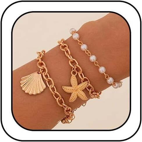 Boho Gold Starfish Sea Shell Pearl Bracelets for Women Trendy ، بيان Seashell Star Beachy سلسلة سوار الشاطئ المحيط الحفلات عطلة المجوهرات in Kuwait