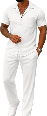 UOUA Mens Summer 2 Piece Set Casual Outfits Button Short Sleeve Shirt & Loose Pants Textured Striped Tracksuit Walking Suits in Saudi Arabia