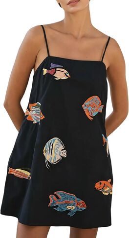 Women Boho Mini Cami Dress Graffiti Spaghetti Strap Aline Fruit Dress Cute Colofrul Short Beach Sundress in Saudi Arabia
