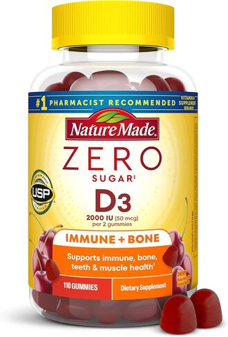 Nature Made Zero Sugar Vitamin D3 Gummies 2000 IU (50 mcg) per Serving, Immune, Bone, Teeth & Muscle Support Supplement, 110 Sugar Free Vitamin D Gummies, 55 Day Supply in Saudi Arabia