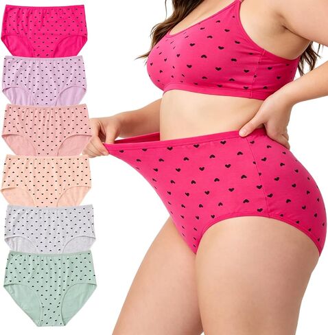 ملابس داخلية قطنية نسائية مقاس كبير XL-5XL سراويل داخلية للسيدات 6 قطع ملابس داخلية عالية الخصر مطبوعة على شكل قلب للنساء in Kuwait