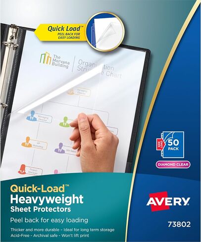 واقيات أوراق التحميل السريع من Avery Clear، غير قابلة للتوهج، تحميل علوي وجانبي، 50 واقيًا للمستندات (73803) in Kuwait