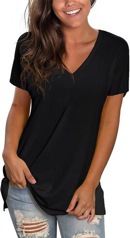 Sipaya Womens T Shirts Basic V Neck Tee Loose Fitting Casual Short Sleeve Tops in Kuwait
