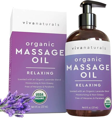 زيت التدليك العضوي Viva Naturals (8 أونصة أوقية)-لافندر معطرة زيت تدليك الجسم غير دهلي مع مضخة خالية من الفوضى ، وزيوت تدليك ترطيب للعلاج بالتدليك ، غير المعدلة وراثيًا وعضوية معتمدة ، 237 مل in Kuwait