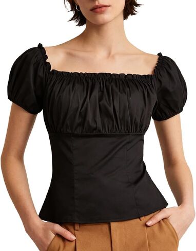 YARN & INK Women's 1950s Vintage Pinup Tops, Back Elastic Waist Cute Rockabilly Off Shoulder Shirt, Short Sleeves Blouse in Saudi Arabia