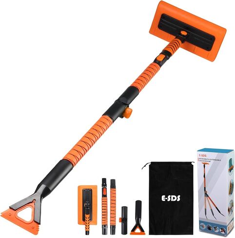 E-SDS 60" Snow Broom Ice Scraper Bendable Snow Remover for Cars with 12.2" Foam Head, Extendable Snow Brush for Car, Truck and SUV (Orange and Black) in Kuwait