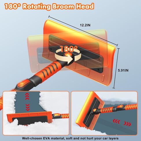 E-SDS 60" Snow Broom Ice Scraper Bendable Snow Remover for Cars with 12.2" Foam Head, Extendable Snow Brush for Car, Truck and SUV (Orange and Black) in Kuwait