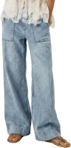 yoeasy Womens Mid Rise Wide Leg Jeans Elastic Back Smocked Jeans Casual Trendy Baggy Pull On Denim Pants in Saudi Arabia