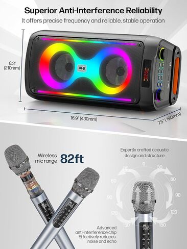 Karaoke Machine for Adults, Portable Bluetooth Speaker with 2 Wireless Microphones, PA System with Disco Lights for Big Party, Outdoor, Supports USB/TF/REC/FM/AUX, Ideal Gifts for Family, Music Lover in Saudi Arabia