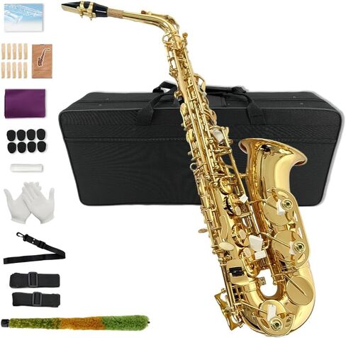 Yinfente Eb Alto Saxophone For Beginners Adult,Saxophone Student,E Flat Alto Sax Full Kit With Reeds,Pads Cushions,Hard Carrying Case,Cleaning Cloth & Rod,Mouthpiece,Gloves,Neck Strap Gold in Kuwait