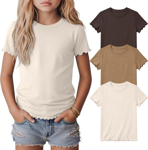 3 Pack Girls Short Sleeve T Shirts Crew Neck Shirts Lettuce Trim Tops 5-14 Years Casual Basic Tees in Saudi Arabia