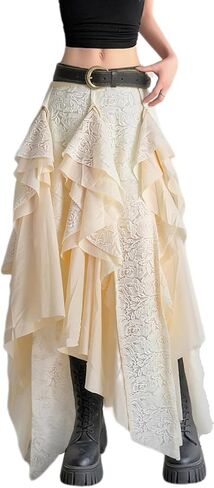 Women’s Vintage Layered Flowy Maxi Skirt Renaissance Irregular High Waist Skirts Ruffled Asymmetrical Summer Long Skirt in Saudi Arabia