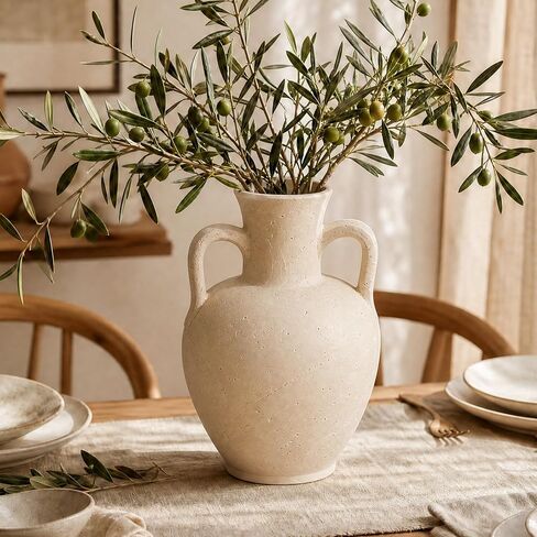 Handmade Ceramic Decorative Vase – Warm White Rustic Textured 10.4" Round Vase with Irregular Waves and Weathered Stone Finish for Home, Office, Farmhouse Decor in Saudi Arabia