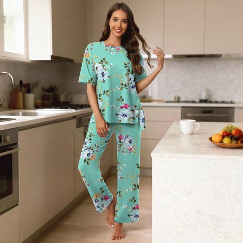 Netsmile Women's Pajamas Set 2 Piece Lounge Sets Short Sleeve Long Pants Ladies Pjs Comfy Loungewear Outfits with Pockets in Saudi Arabia