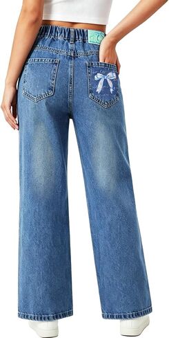 Tween Girls Blue Wide Leg Jeans - Bow Print Back Pocket Elastic Waist Cotton Denim Pants for Kids (Ages 5-14Y) in Saudi Arabia