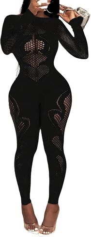 Women Sexy Mesh Hollow One Piece Jumpsuit Party Rave With Long Sleeves Club Outfits in Kuwait