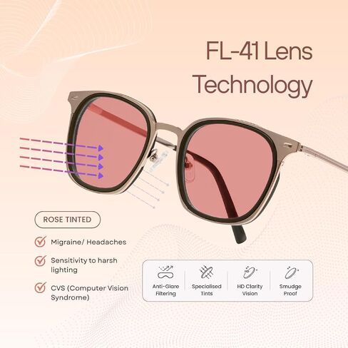 BRADDELL FL-41 Photochromic Transitional Fashion Rose Tinted Migraine Light Sensitivity Glasses for Fluorescent LED Glare, Photophobia and Eye Strain in Saudi Arabia