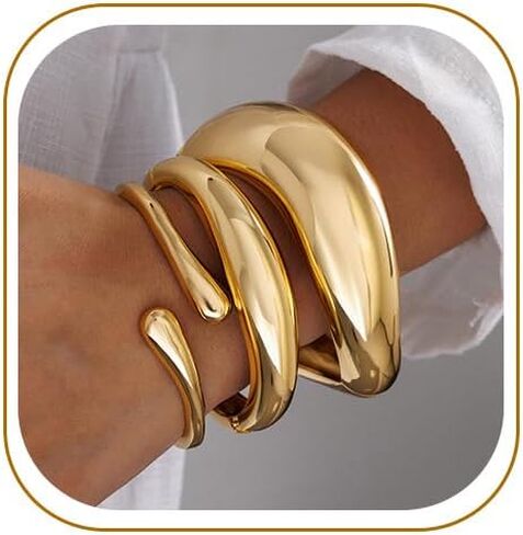 Chunky Gold Bangle Bracelets for Women, 14k Gold Plated Trendy Stackable Bangles Set, Dainty Cuff Bracelet Stack Jewelry for Gifts in Saudi Arabia