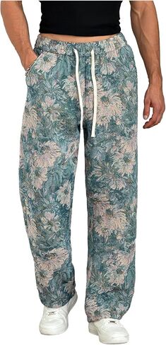 Men's Floral Jacquard Baggy Pants Retro Drawstring Waist Straight Leg Trousers with Pockets in Saudi Arabia
