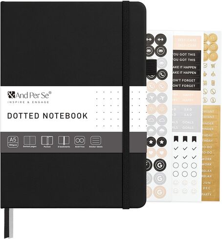 &And Per Se Dotted Journal Notebook – A5 Hardcover, 160 Pages 100gsm Paper, Dot Grid Notebook for Planning & Creative Journaling, 3 Sticker Sheets Included (Dark Green) in Kuwait