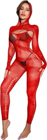 Women's Hooded Fishnet Full Bodysuit Sexy Mesh Lace Lingerie Club Party Rave Outfits Halloween Costume in Saudi Arabia