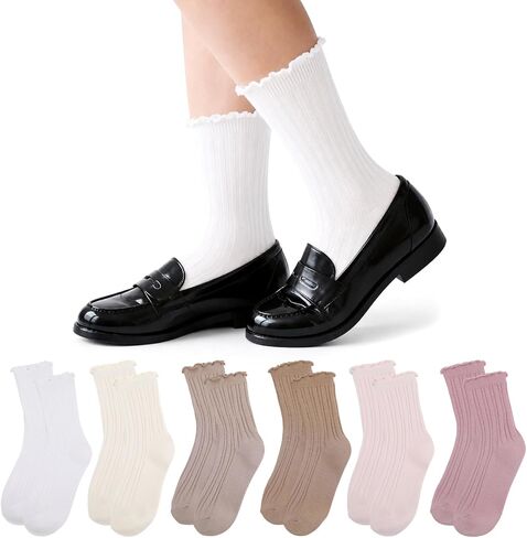6 Pairs Girls Ruffle Socks 6 Colors Frilly Socks Cute Girl Crew Sock Thin Cuff School Sock for Girls Kids School 5-8 Years in Saudi Arabia