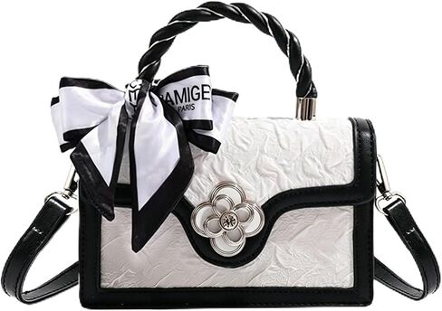 Bi&Yamigeo Mini Colorblock Top Handle Bag,Vintage PU Leather Floral Textured Pattern Crossbody Clutch Handbag,Small Color Block Flap Satchel Purse for Women (Black and White) in Kuwait